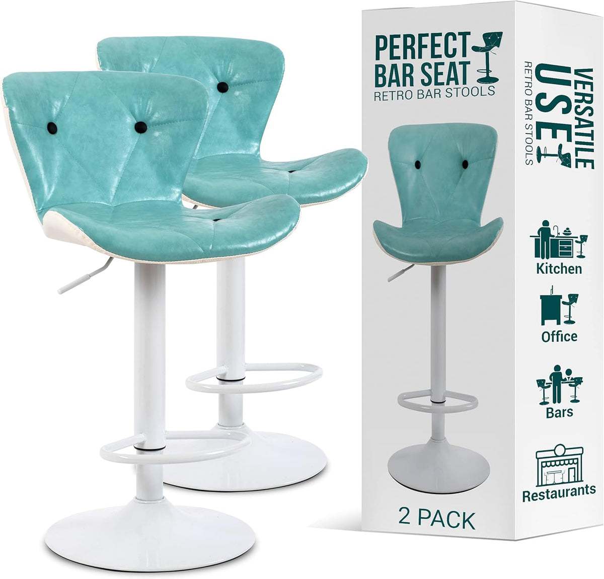Adjustable Bar Stool Set of 2 White Swivel Base Sea Green & White O90998