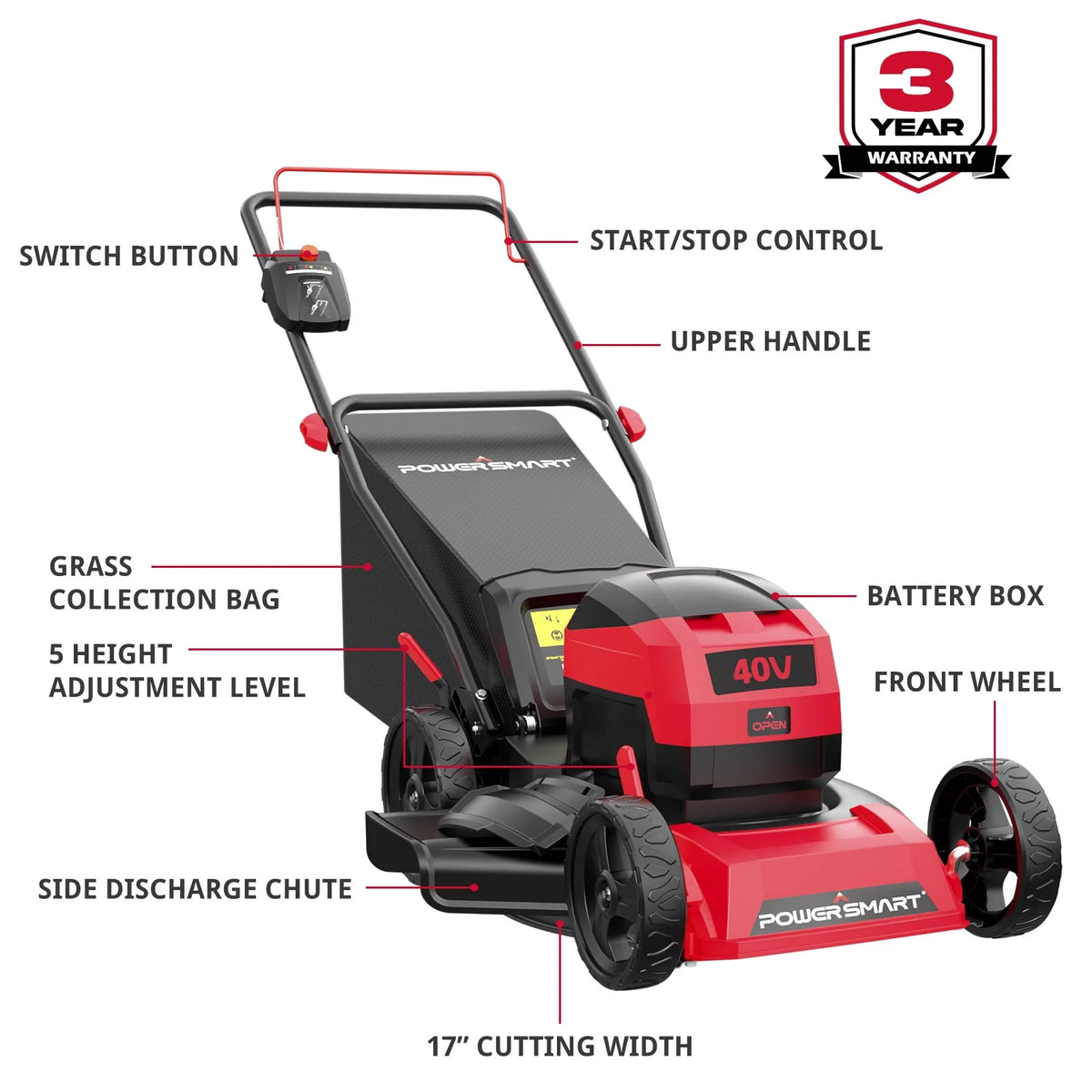 40V 17-inch Cordless Brushless Electric Push Lawn Mower O527840