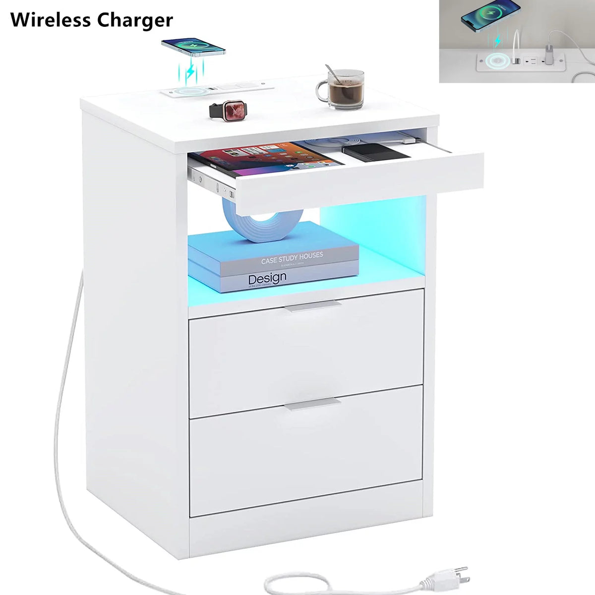 Set of 2 Black LED Nightstand with Wireless Charging Station & 2 Drawers A223558
