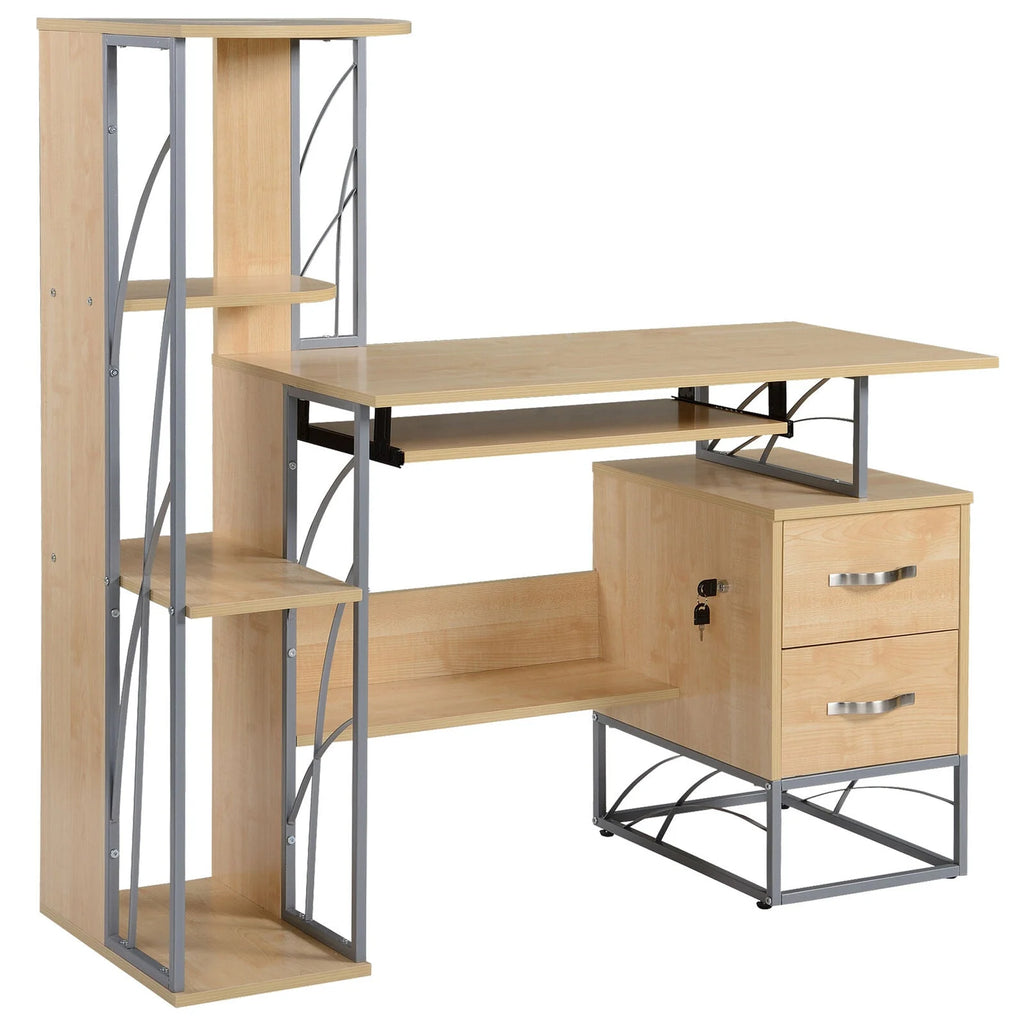 Natural Computer Desk with 4-Tier Bookshelf N168