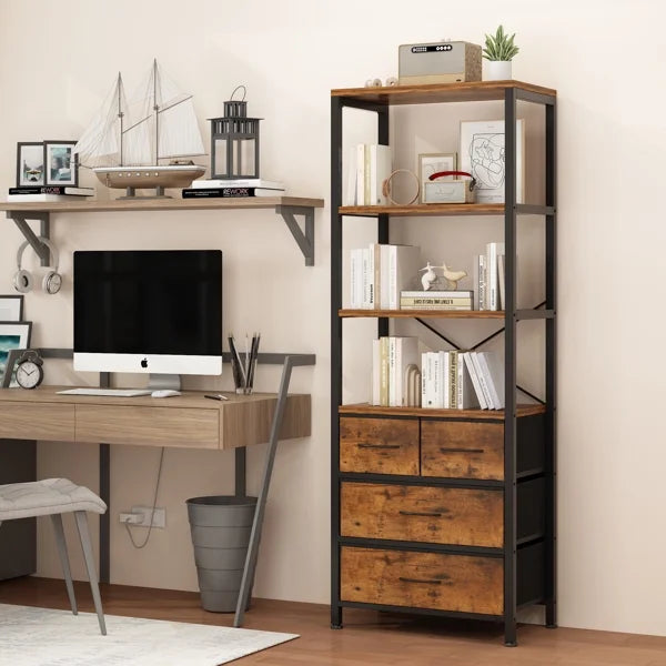 6 Layer Wood & Metal Bookshelf with Drawers O2614