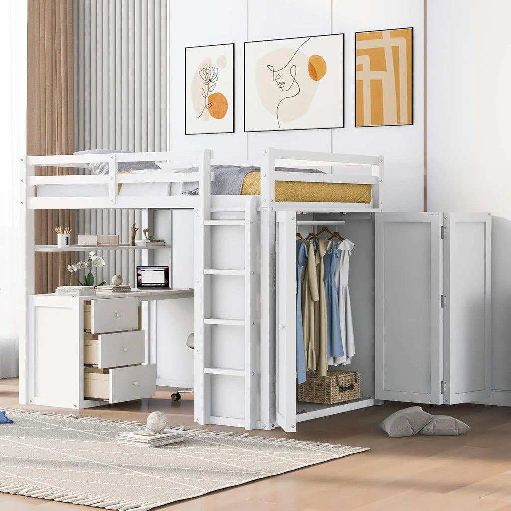 Full Size White Solid Wood Loft Bed with Desk, Wardrobe and Storage Drawers V44630