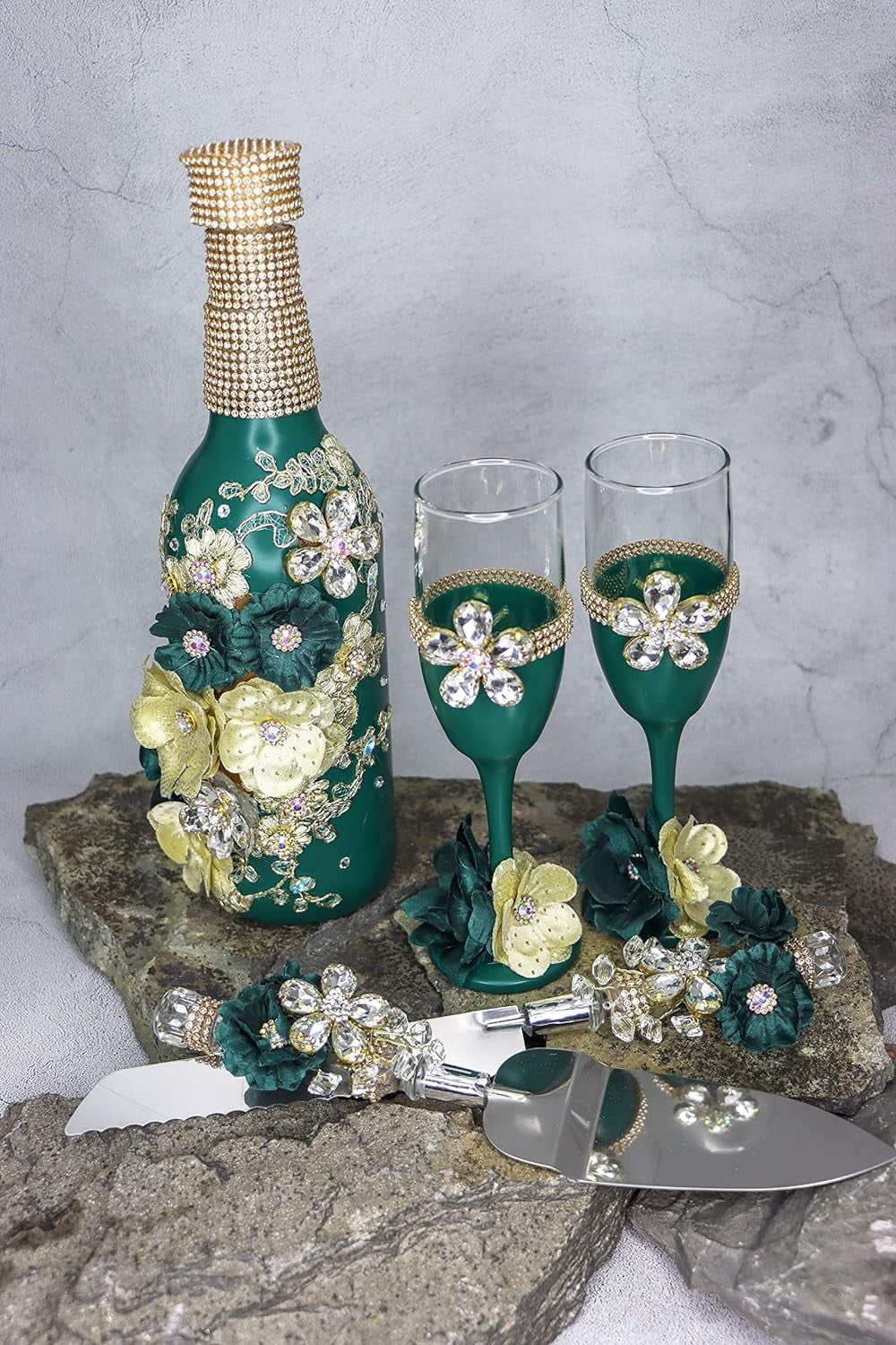 Champagne Glasses Set Emerald Green Silver O726192