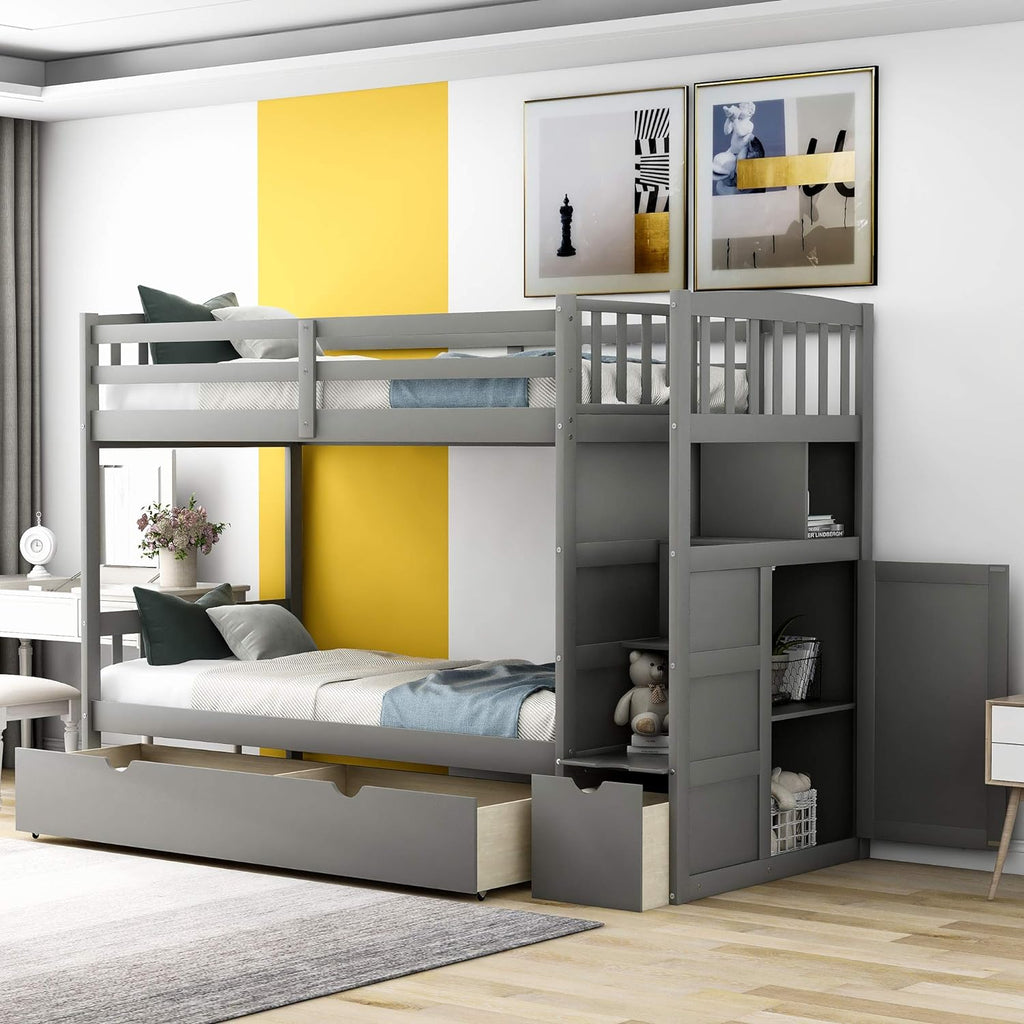 White Twin Over Twin Wood Bunk Bed with Slide and Storage Staircase N133