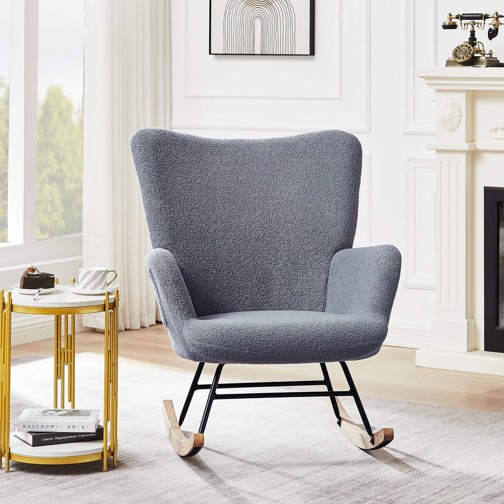 Gray Teddy Fabric Upholstered Rocking Chair with Side Pocket X650873