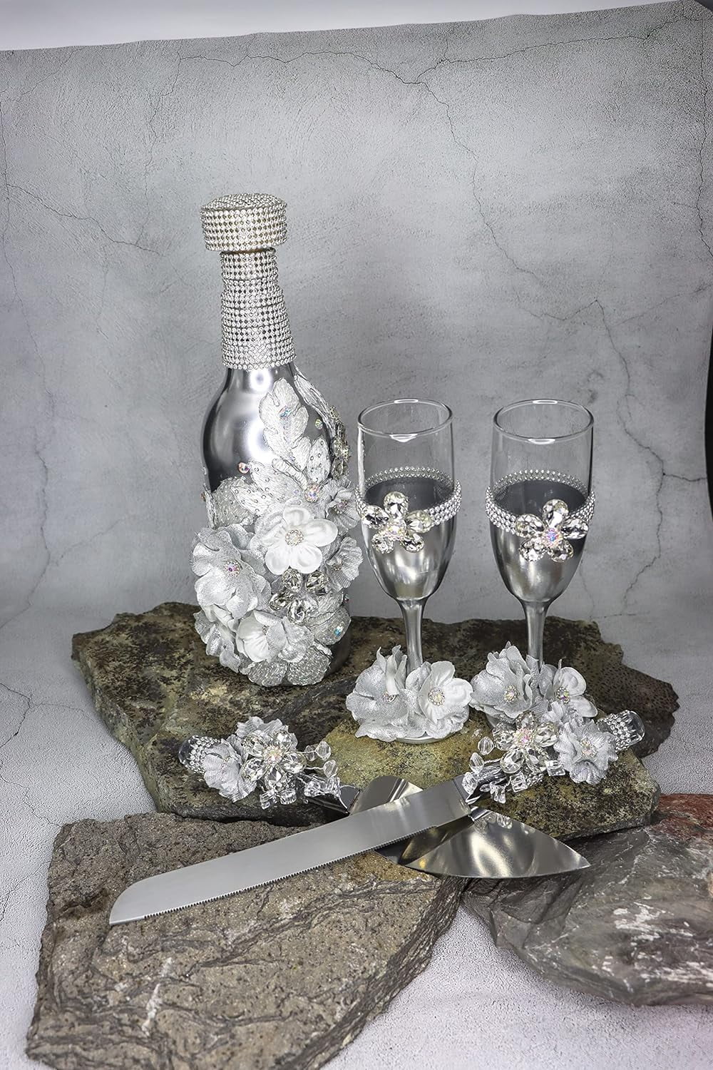 Champagne Glasses Set Emerald Green Silver O726192
