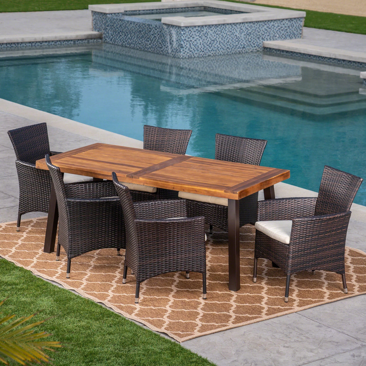 7 Piece Acacia Wood Wicker Dining Set with Cushions M368436