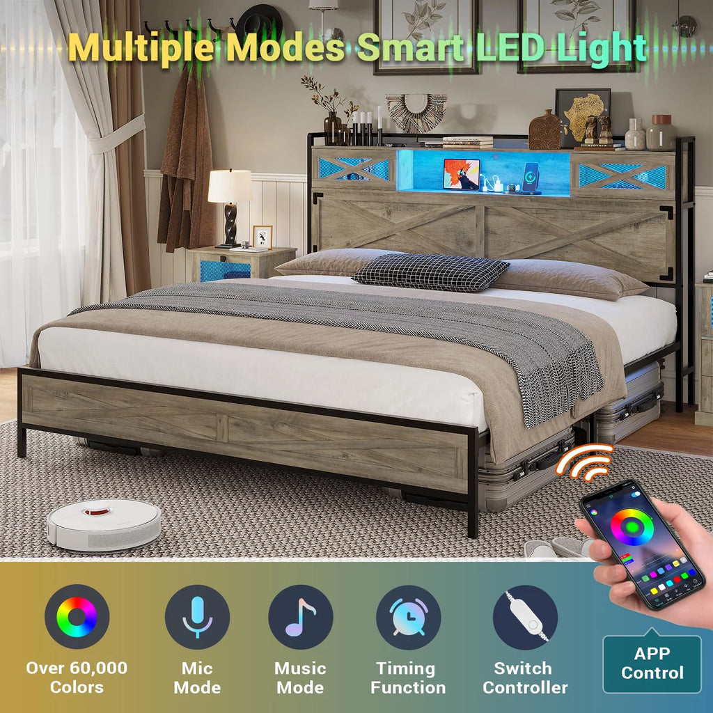 Queen Size Metal Platform Bed Frame with Storage Headboard E483194