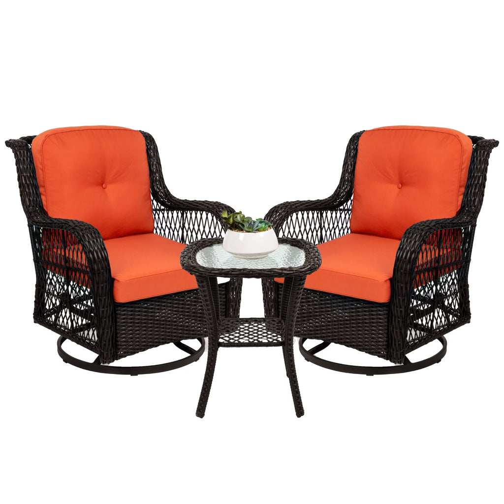 3-Piece Wicker Bistro Set with 2 Cushioned Swivel Rocking Chairs and Side Table Q655078