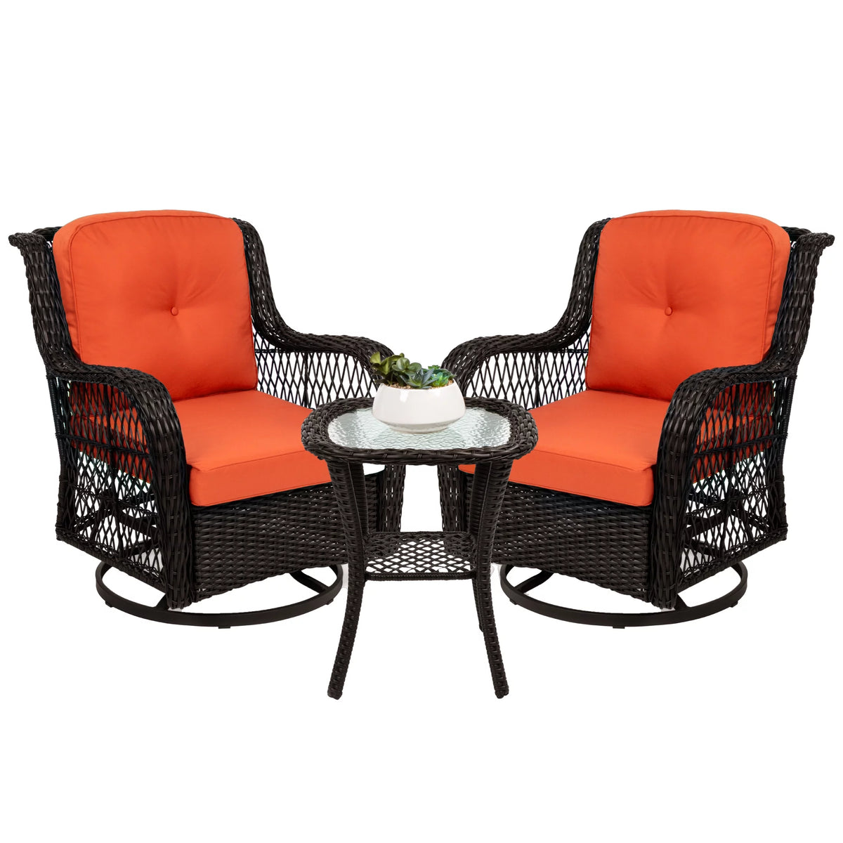 3-Piece Wicker Bistro Set with 2 Cushioned Swivel Rocking Chairs and Side Table Q655078
