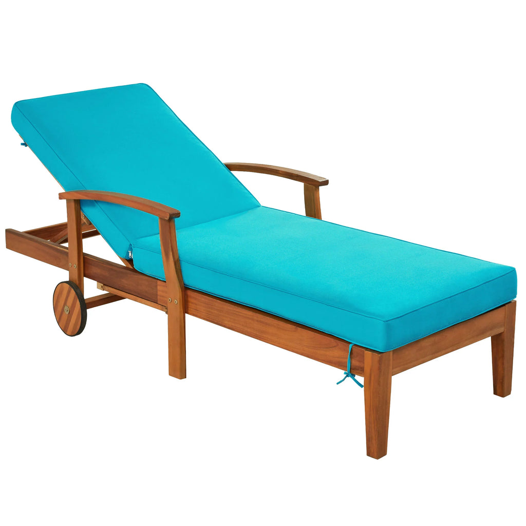 Solid Wood Chaise Lounge with Cushion, Wheels and Cup Table N19769
