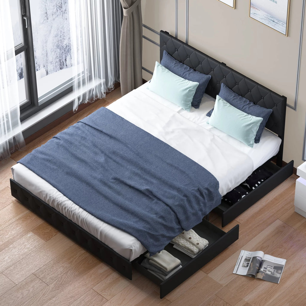 King Size Upholstered Platform Bed Frame with 4 Storage Drawers A308