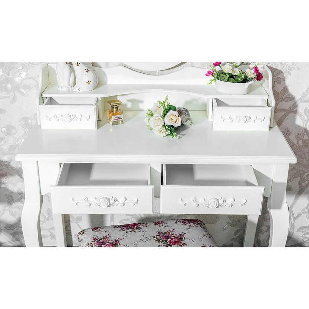 White 4 Drawer Wood Vanity Table Set with Mirror and Stool U55068