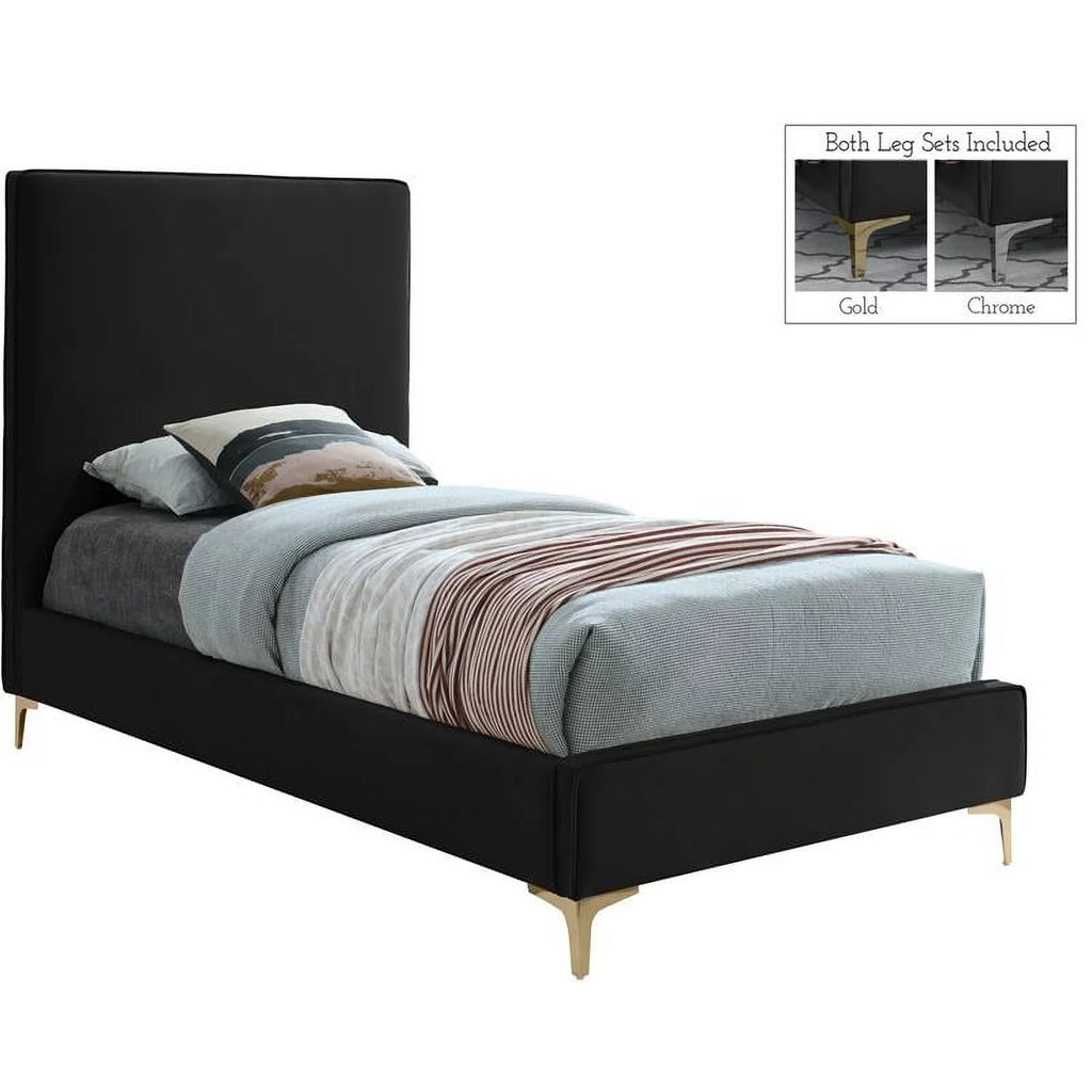 Black Velvet Twin Bed with Gold and Chrome Legs F1352