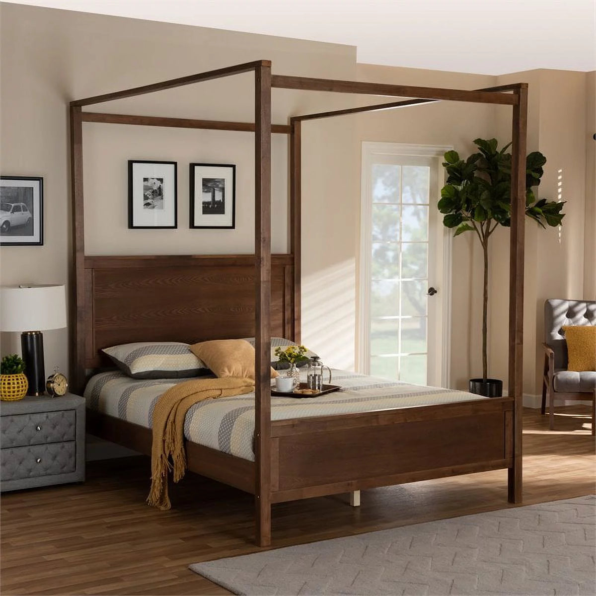 Queen Size Walnut Finished Wood Canopy Bed D577917