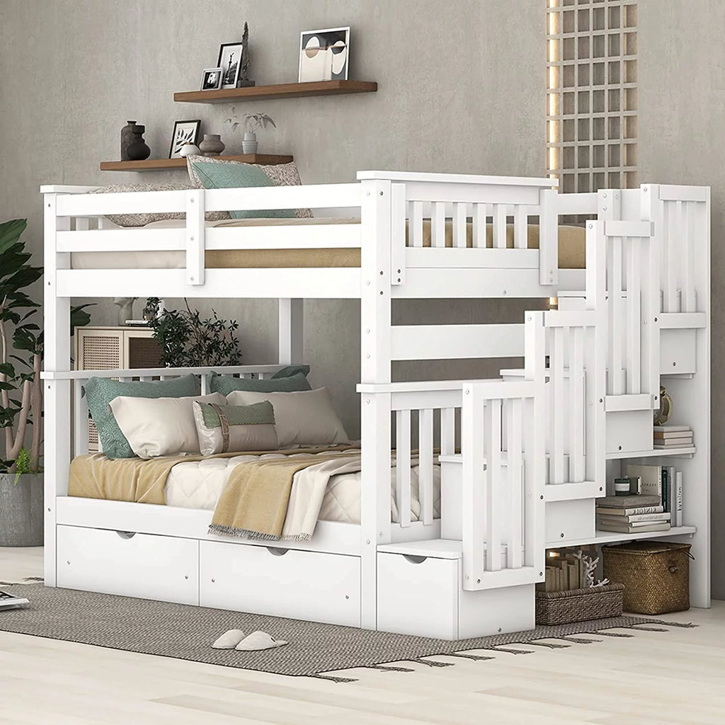White Full Over Full Wood Bunk Bed with Stairs and Storage Drawers Y745