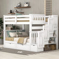 White Full Over Full Wood Bunk Bed with Stairs and Storage Drawers Y745