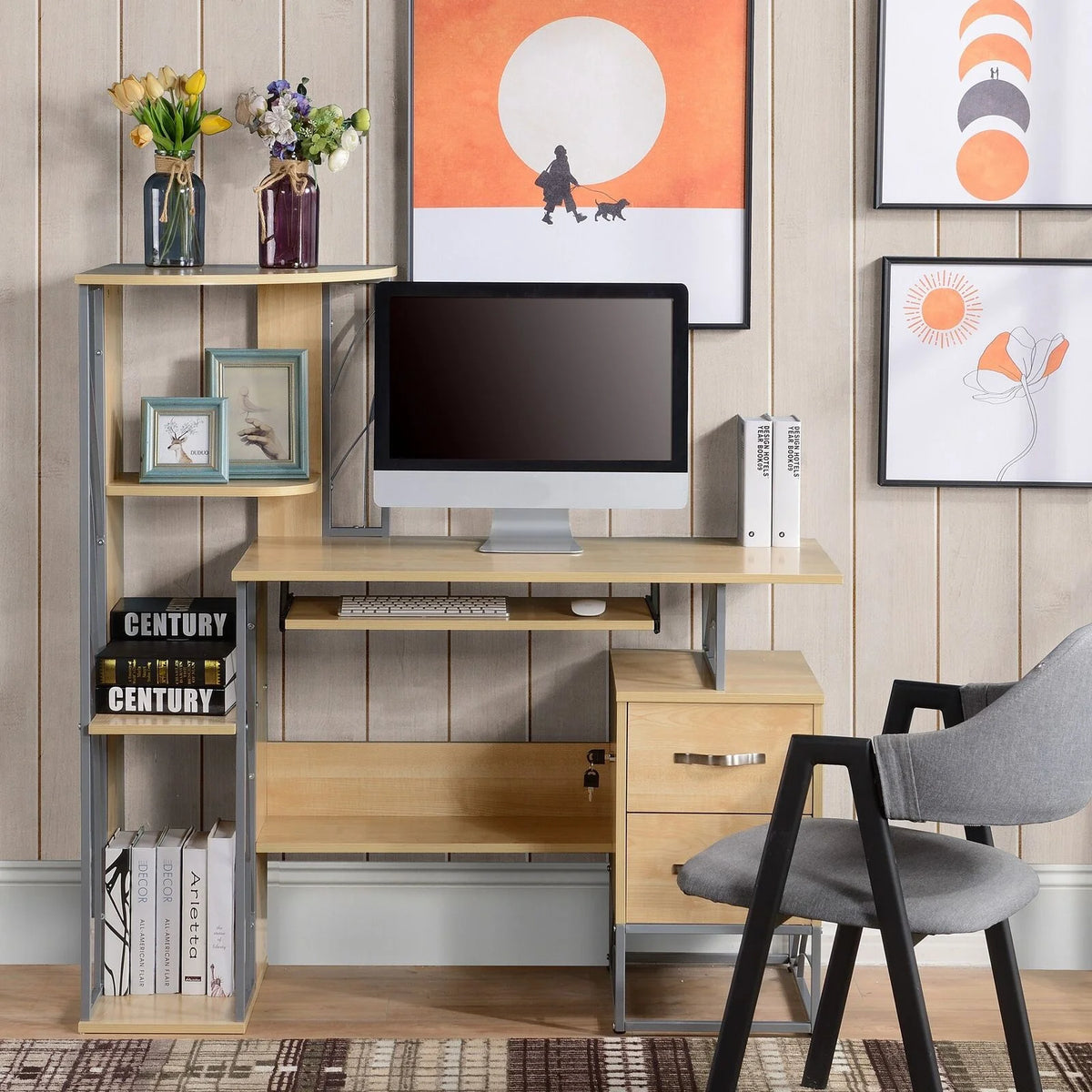 Natural Computer Desk with 4-Tier Bookshelf N168