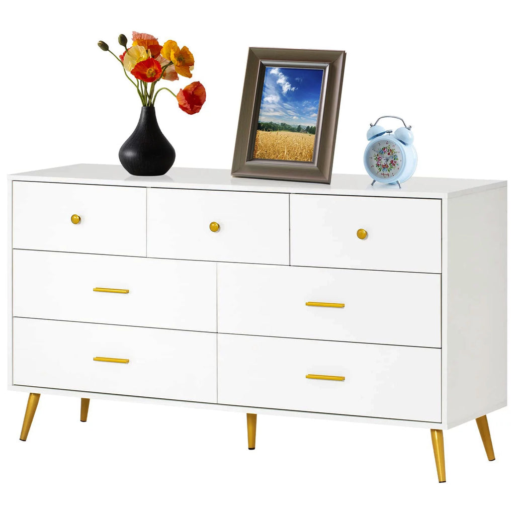 White and Gold 7 Drawer Wood Dresser N9035