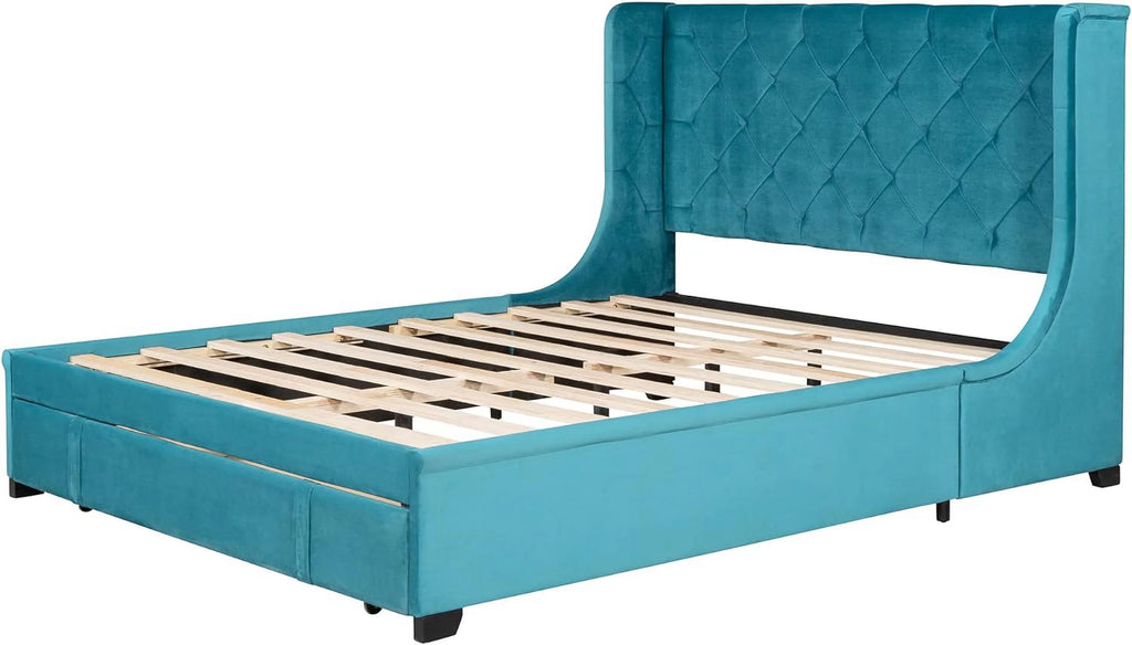 Queen Size Velvet Upholstered Platform Bed Frame with Headboard and Drawers H288