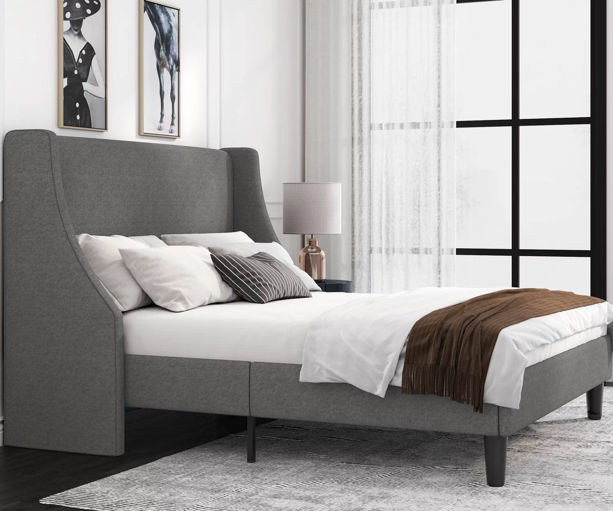 Queen Size Light Grey Upholstered Platform Bed Frame with Wingback Headboard L483147