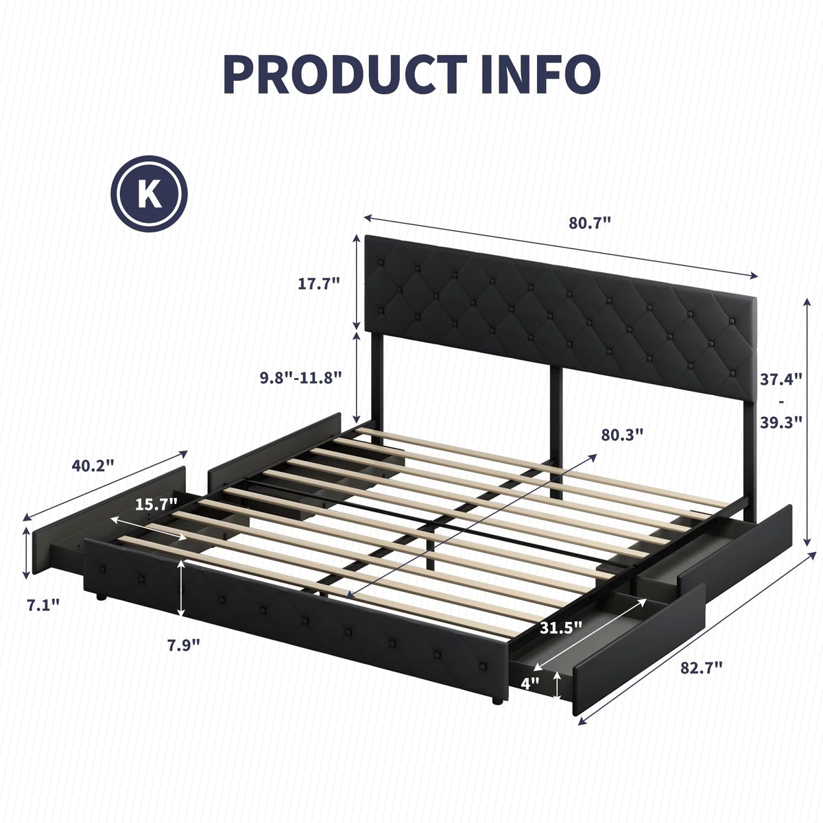 King Size Upholstered Platform Bed Frame with 4 Storage Drawers A308