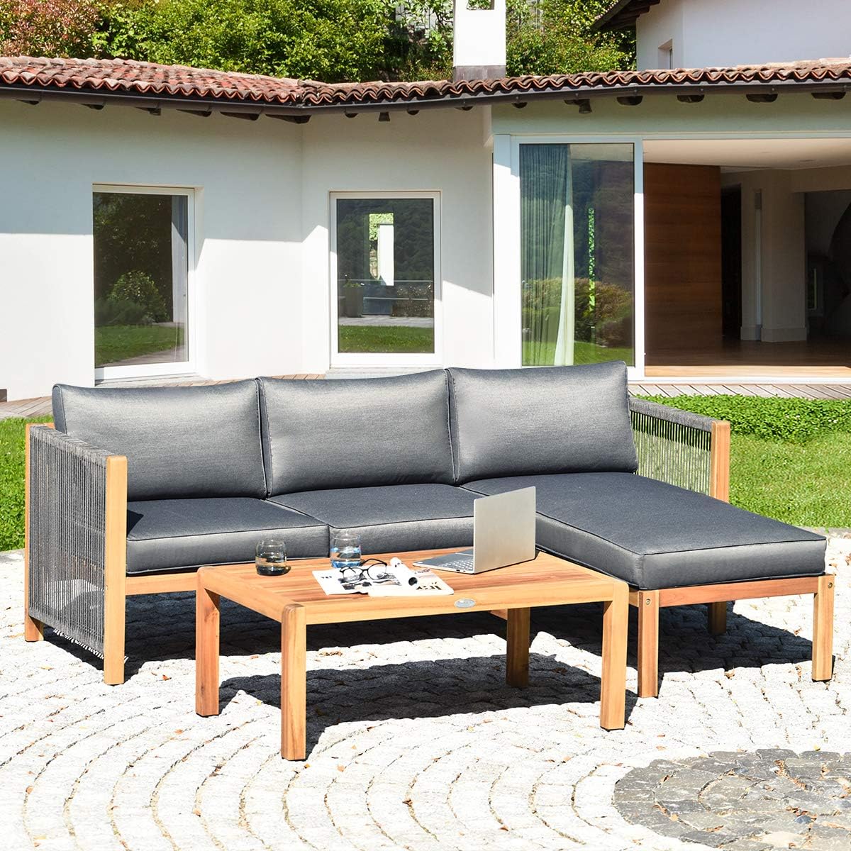 3 Piece Acacia Wood Patio Conversation Set E478324