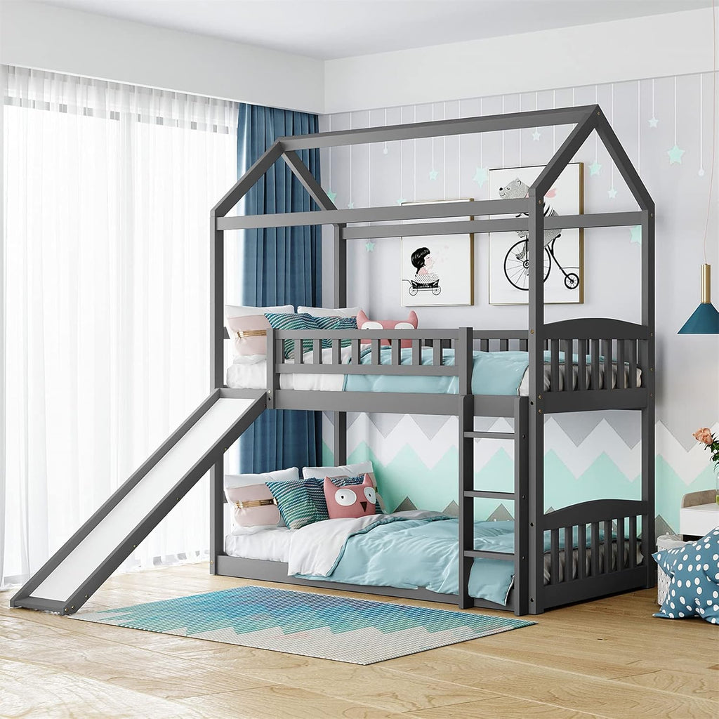 White Twin Over Twin Wood Bunk Bed with Slide and Storage Staircase N133