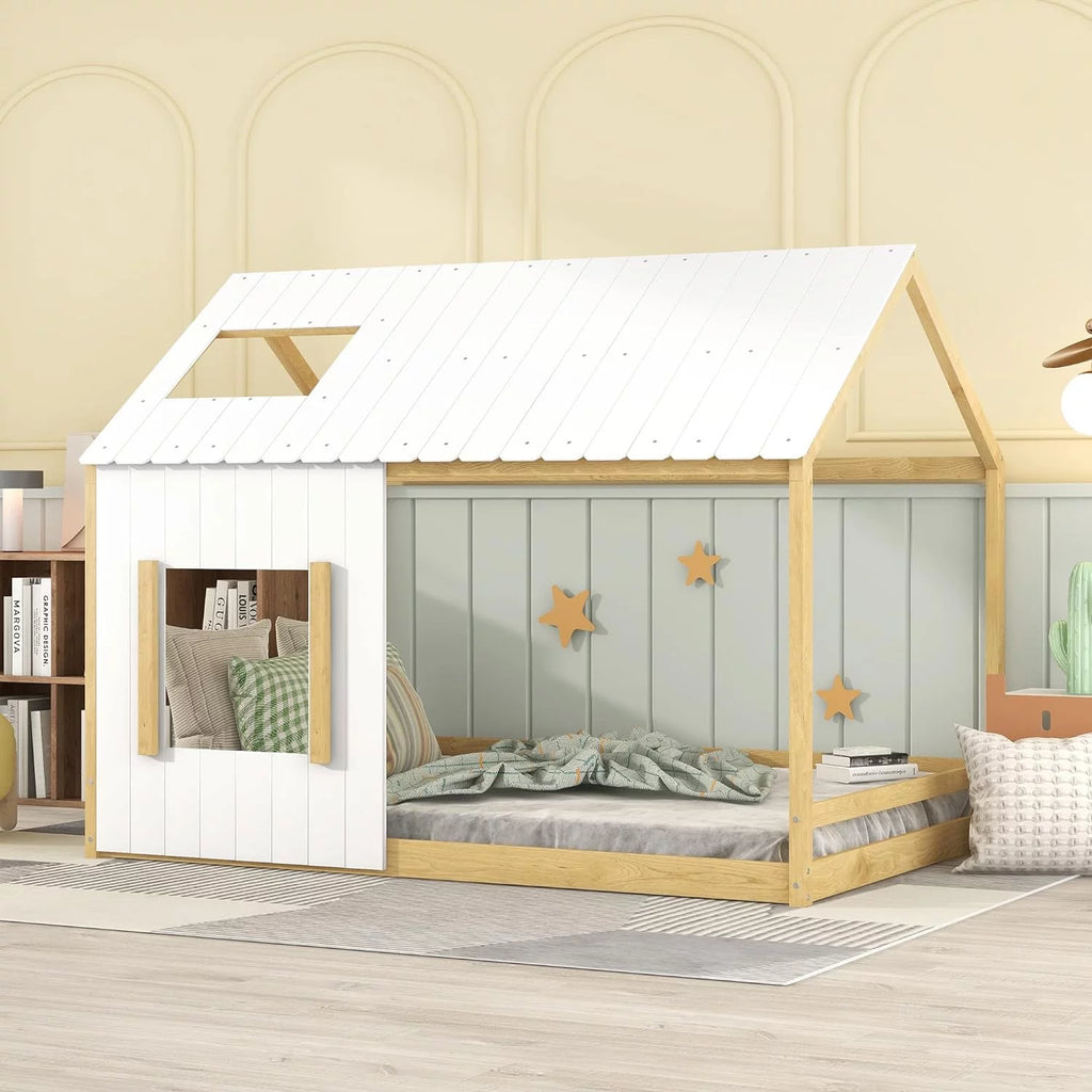 White Natural Full Size Wood House Bed with Roof and Window D61043