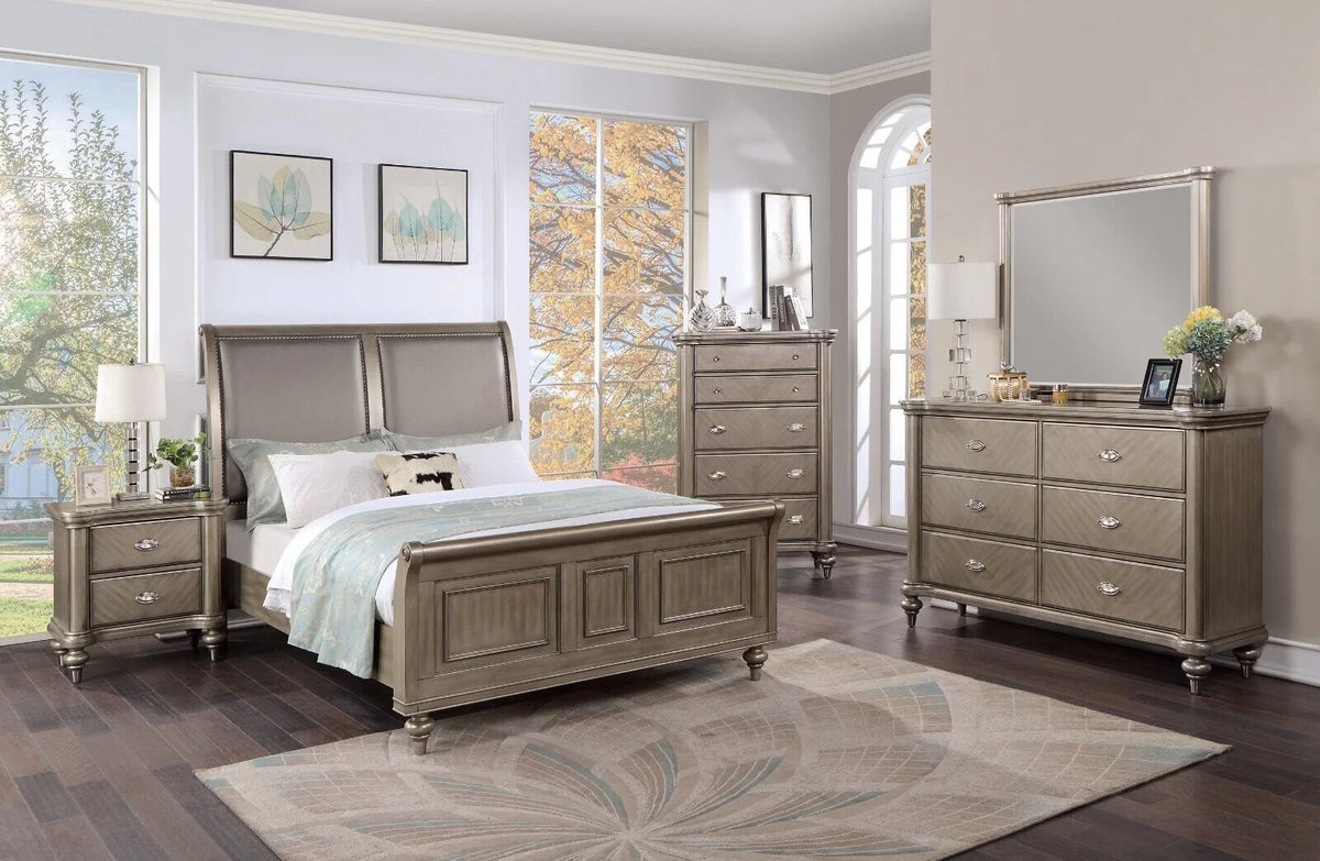6pc Eastern King Size Bed Dresser Mirror Nightstands Chest Grey Wooden G482
