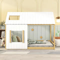 White Natural Full Size Wood House Bed with Roof and Window D61043