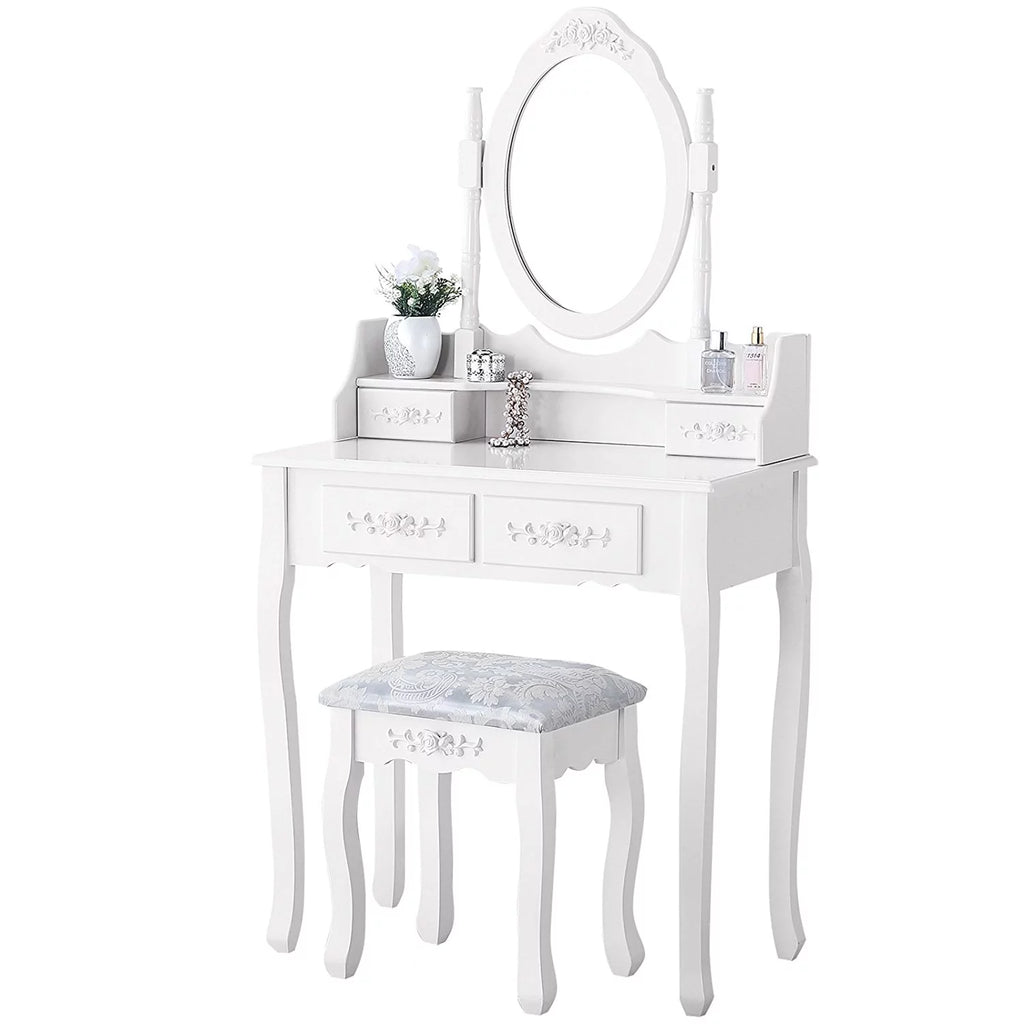 White 4 Drawer Wood Vanity Table Set with Mirror and Stool U55068