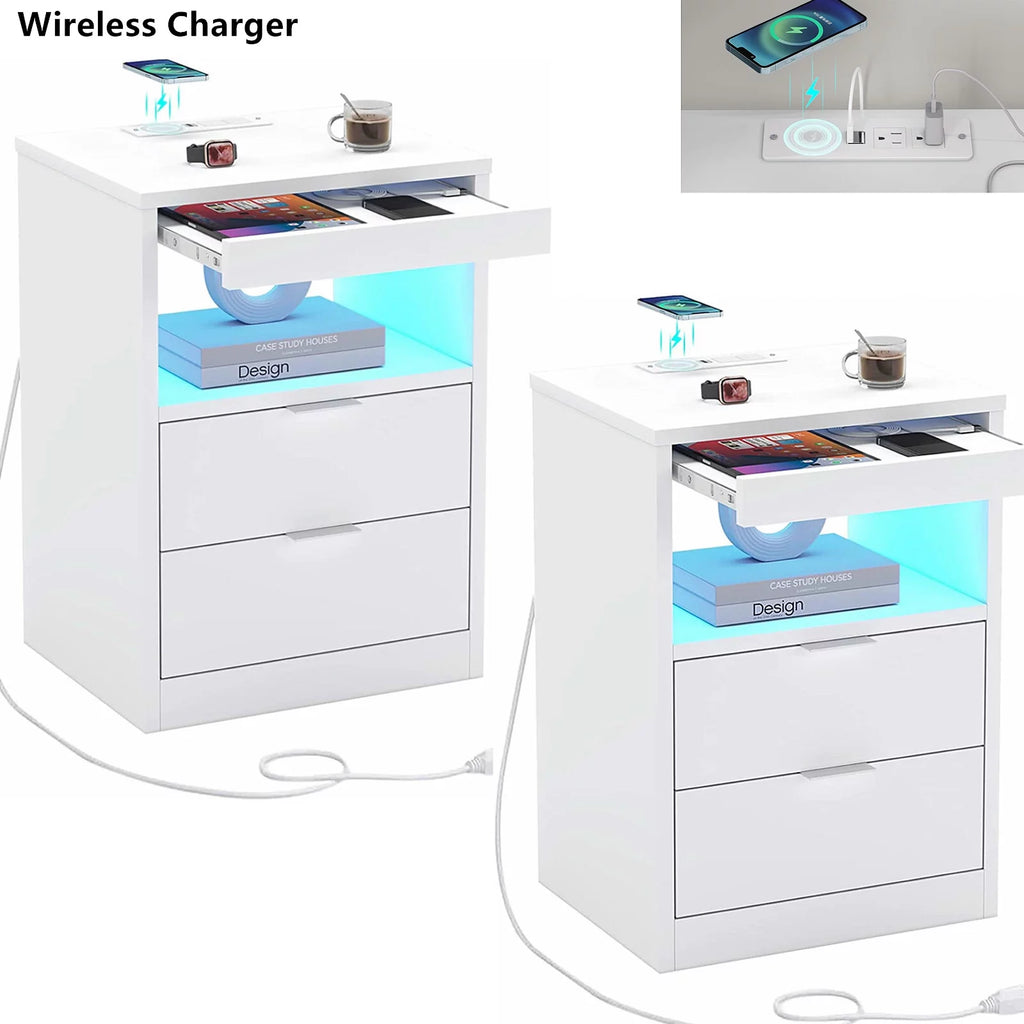 Set of 2 Black LED Nightstand with Wireless Charging Station & 2 Drawers A223558