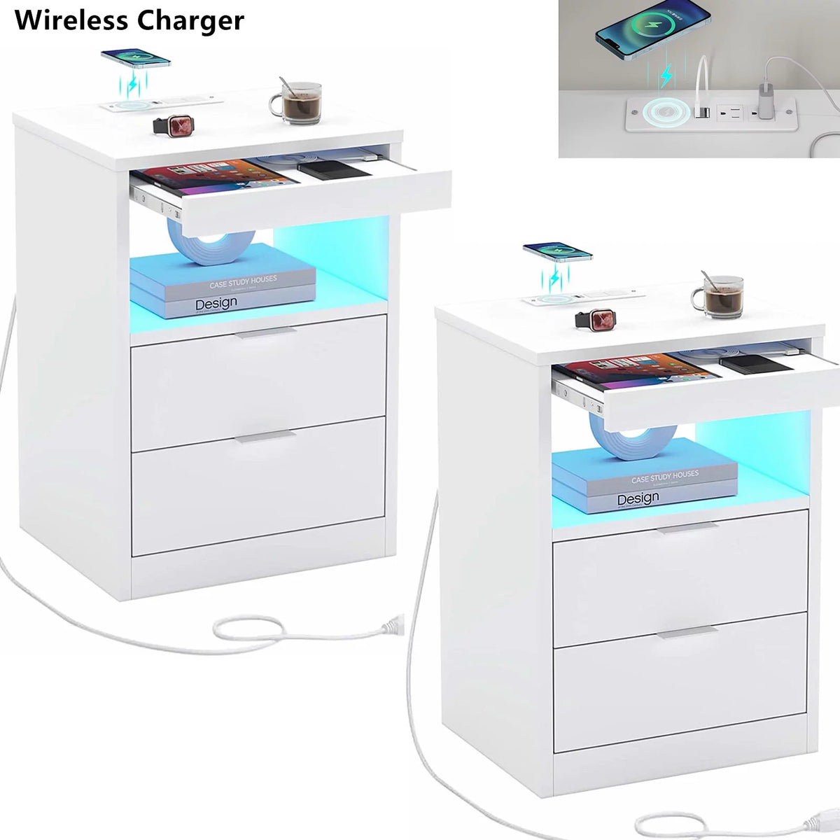 Set of 2 Black LED Nightstand with Wireless Charging Station & 2 Drawers A223558