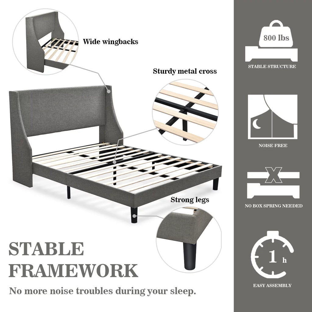 Queen Size Light Grey Upholstered Platform Bed Frame with Wingback Headboard L483147