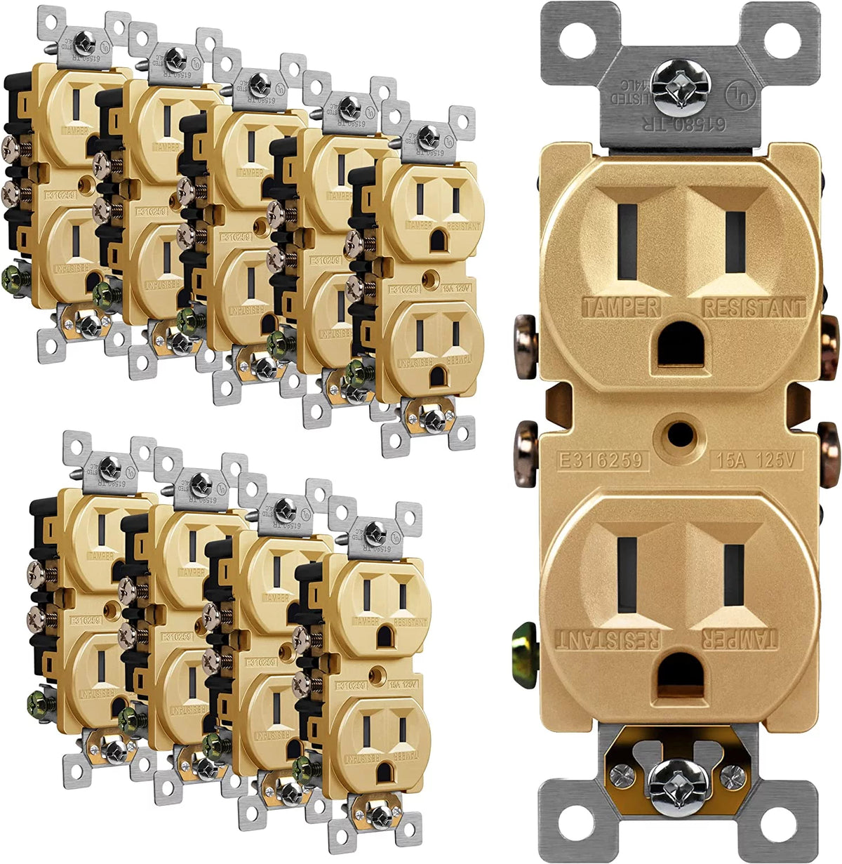15A 125V Self-Grounding Duplex Electrical Outlet, Gold, 10 pack B864574