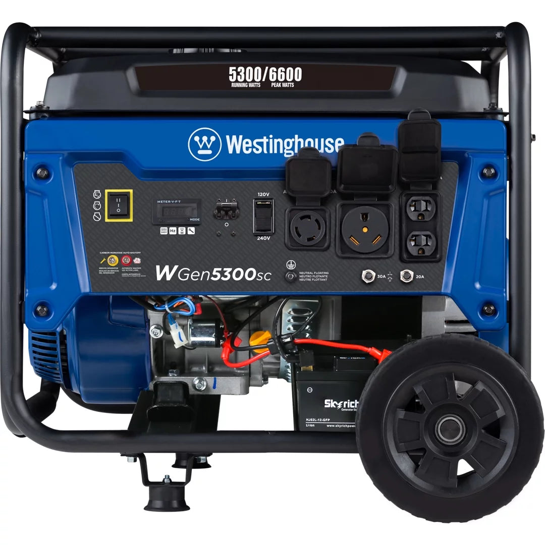 6600 Peak Watt Electric Start Portable Gas Powered Generator with CO Sensor and Wheel Kit D1995