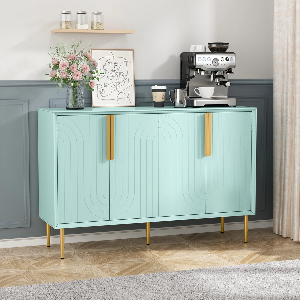 Mint Green 4 Door Accent Cabinet with Gold Legs T979