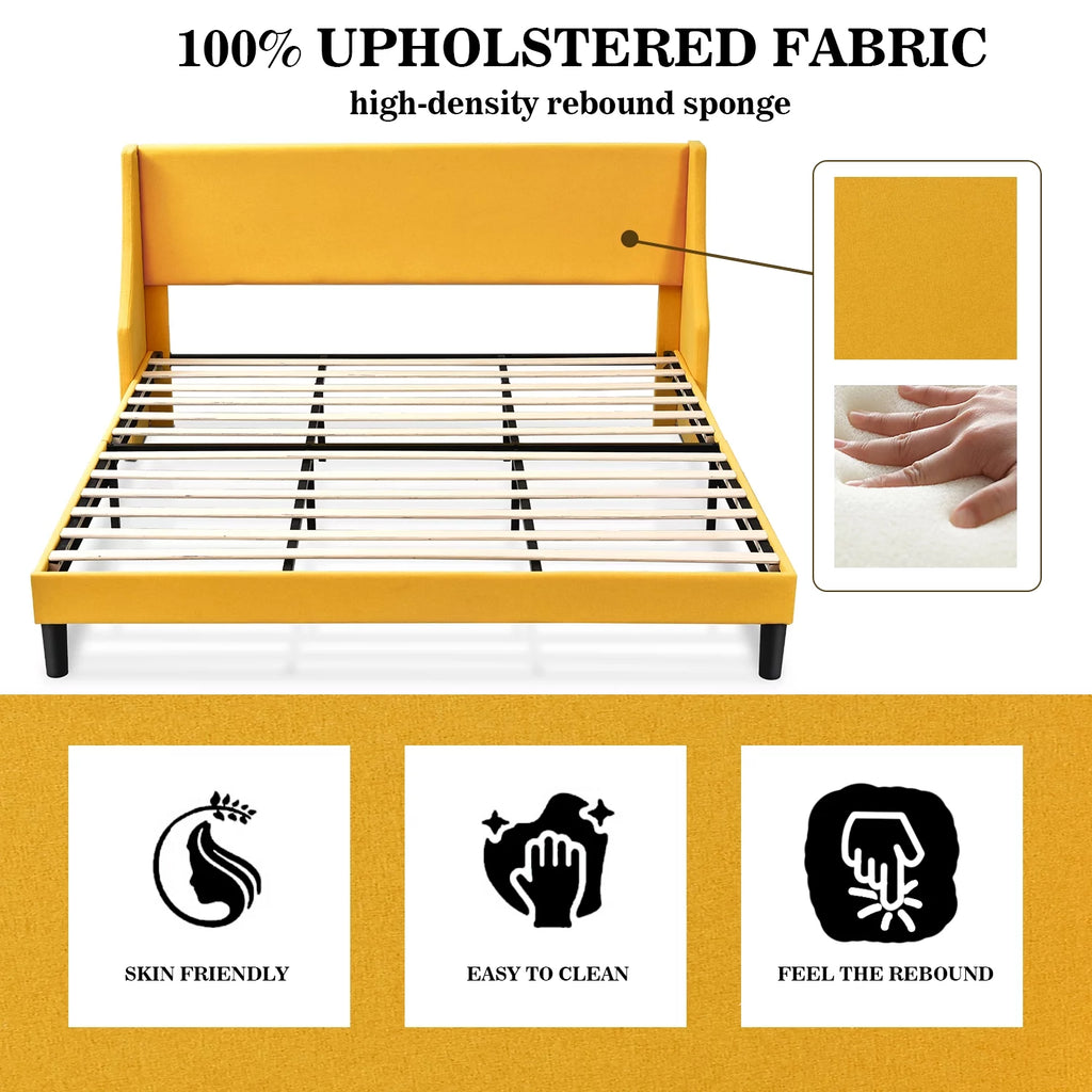 Queen Size Light Grey Upholstered Platform Bed Frame with Wingback Headboard L483147
