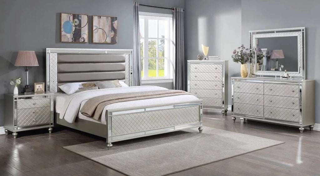 4pc King Size Upholstery LED Bed Dresser Mirror Nightstand Wooden Furniture Set N301