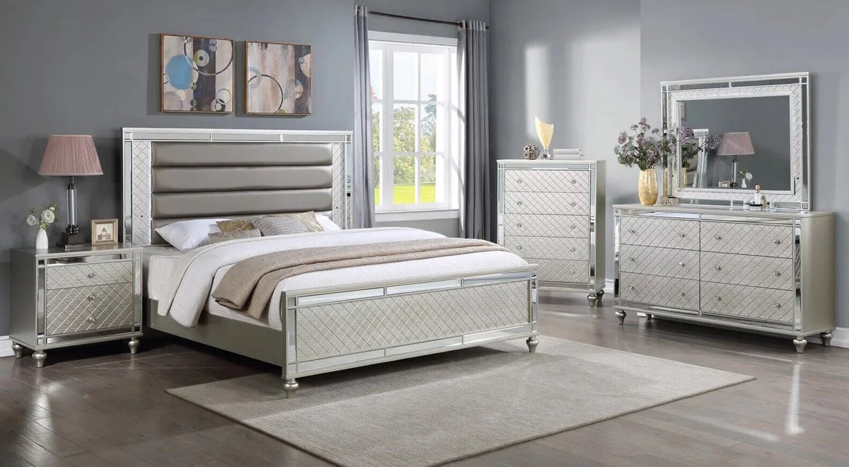 4pc King Size Upholstery LED Bed Dresser Mirror Nightstand Wooden Furniture Set N301