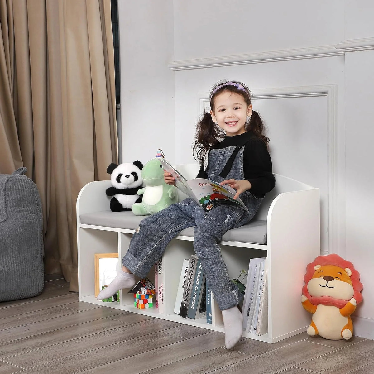 Kids Bookshelf with Reading Nook and Grey Cushion A57609