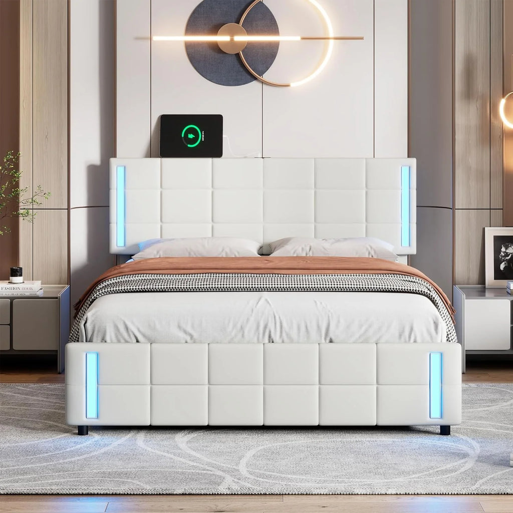 Queen Size Upholstered Platform Bed Frame with LED Lights and 4 Drawers White O42619