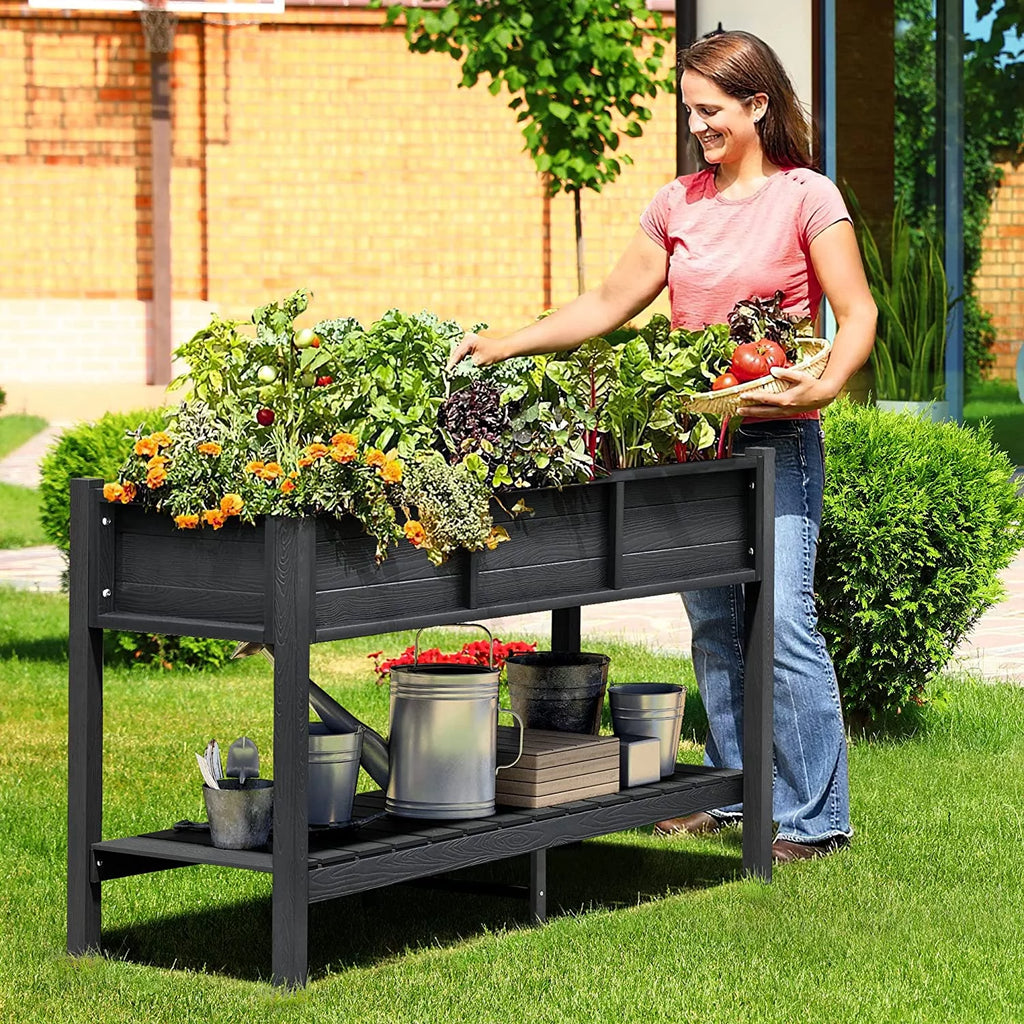 Black Elevated Raised Garden Bed Planter Box with Legs & Shelf Z463302
