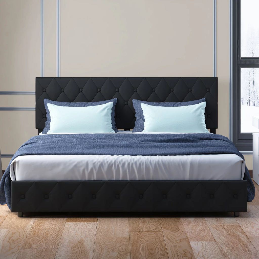 King Size Upholstered Platform Bed Frame with 4 Storage Drawers A308