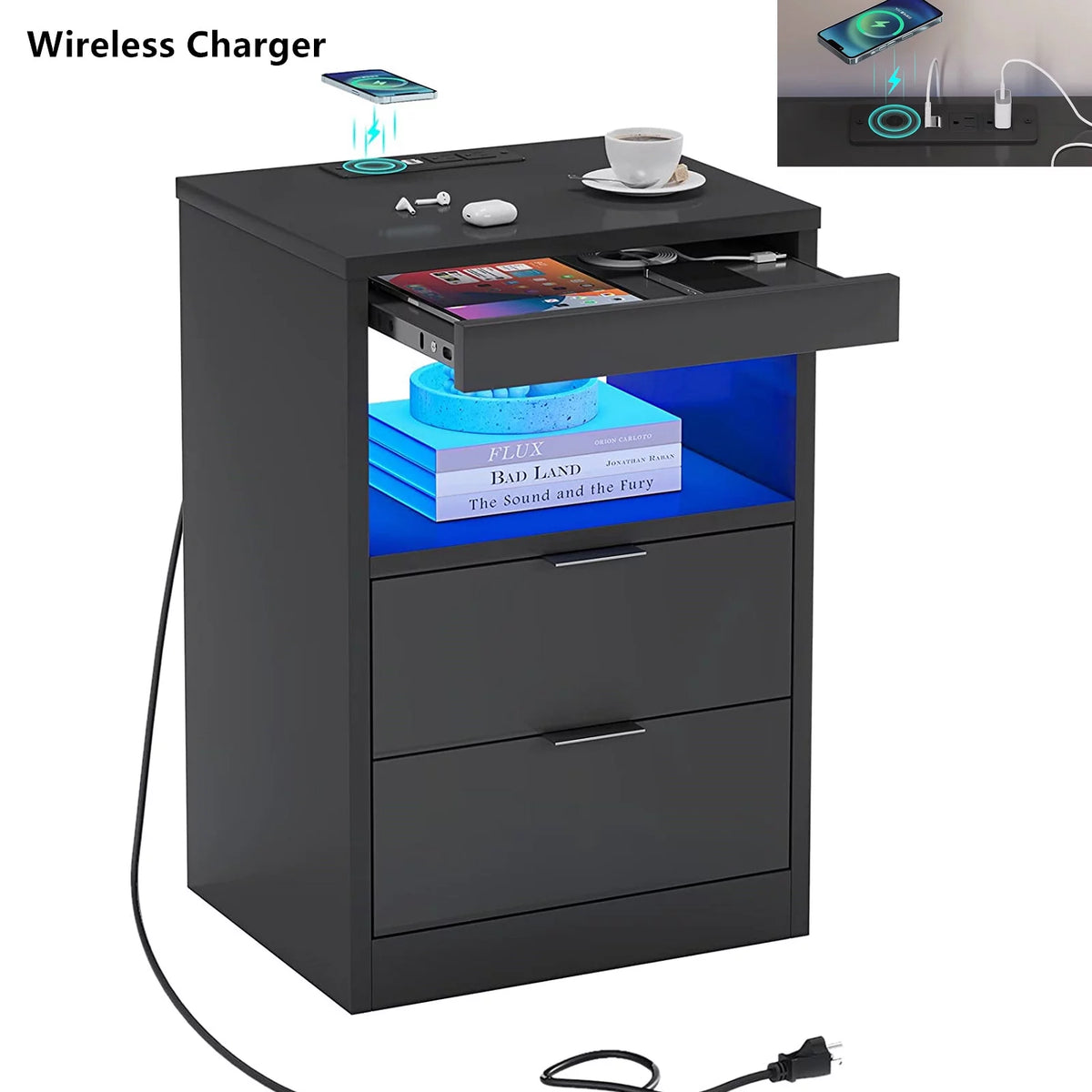 Set of 2 Black LED Nightstand with Wireless Charging Station & 2 Drawers A223558