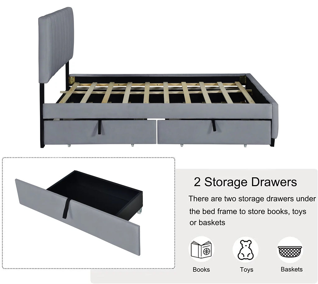Queen Size Velvet Upholstered Platform Bed with 2 Storage Drawers and Trundle M14657