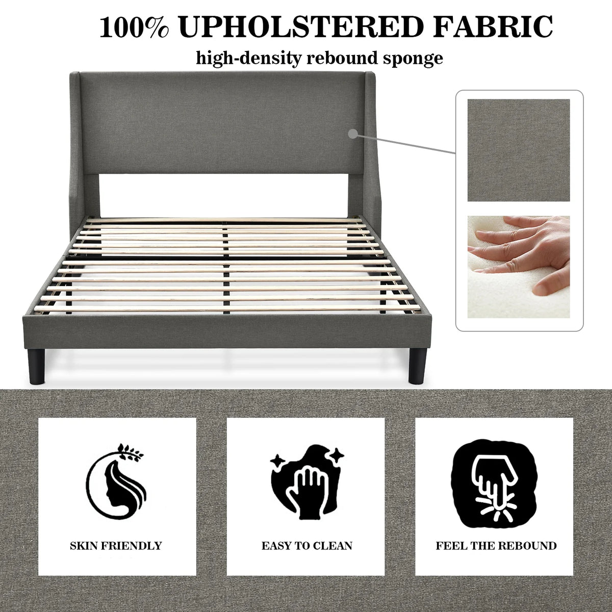 Queen Size Light Grey Upholstered Platform Bed Frame with Wingback Headboard L483147