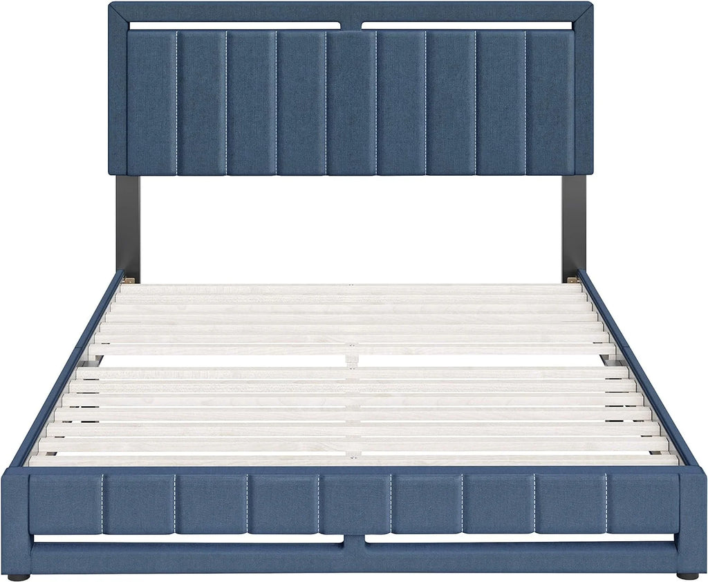 Blue Linen King Upholstered Platform Bed with Headboard C72083