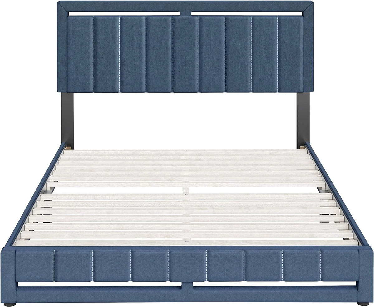 Blue Linen King Upholstered Platform Bed with Headboard C72083